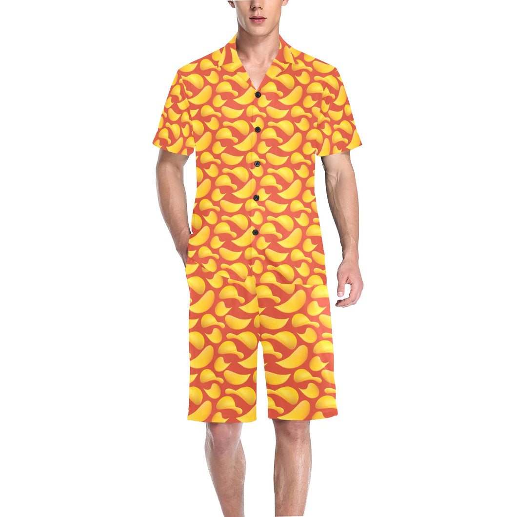 Potato Chips Pattern Print Design 05 Men's V-Neck Short Pajama Set
