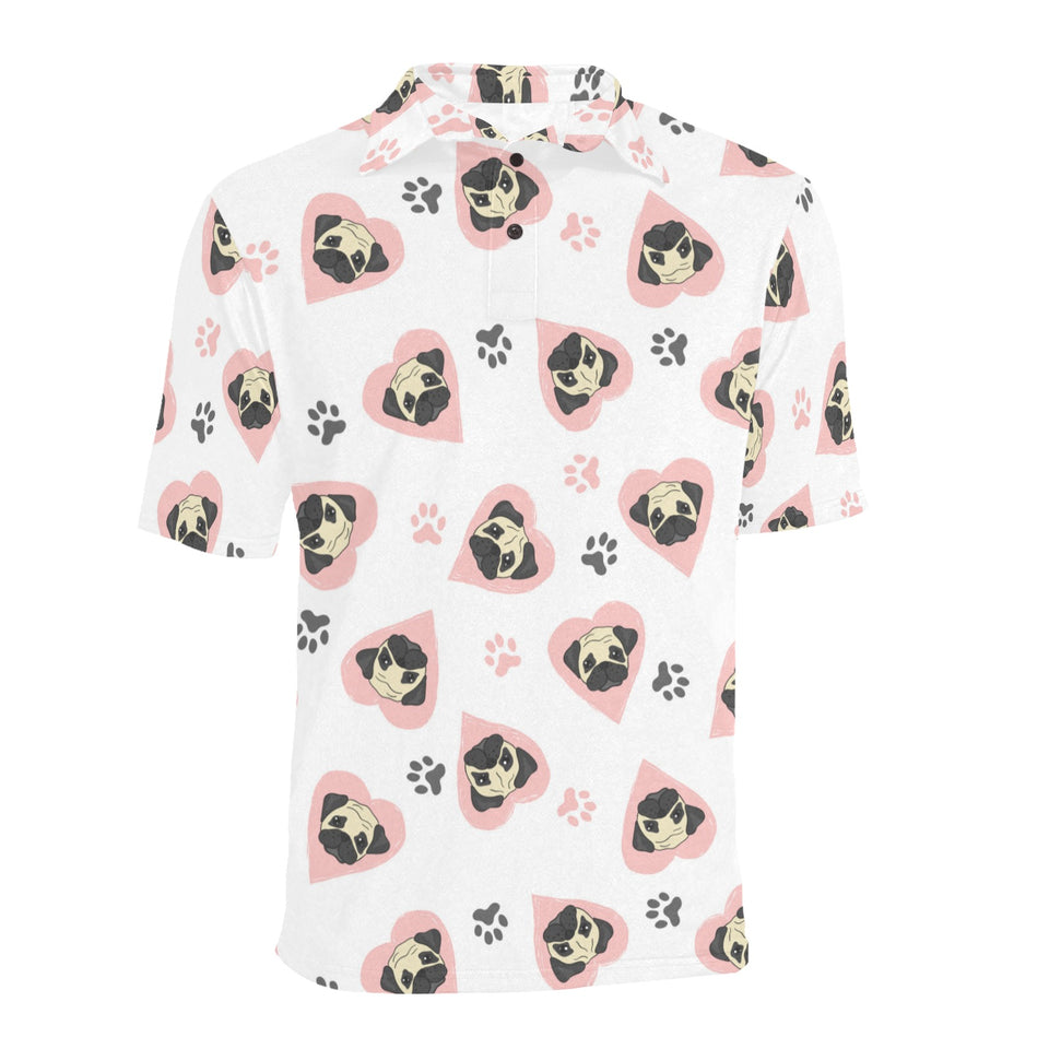 Cute pugs pink heart paw pattern Men's All Over Print Polo Shirt