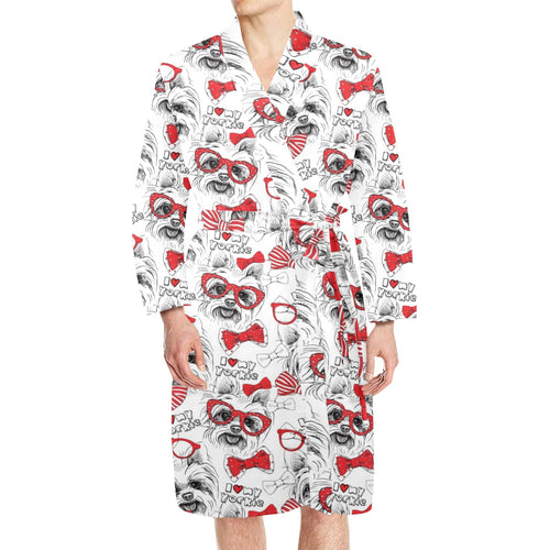 Yorkshire Terrier Pattern Print Design 04 Men's Long Sleeve Belted Night Robe