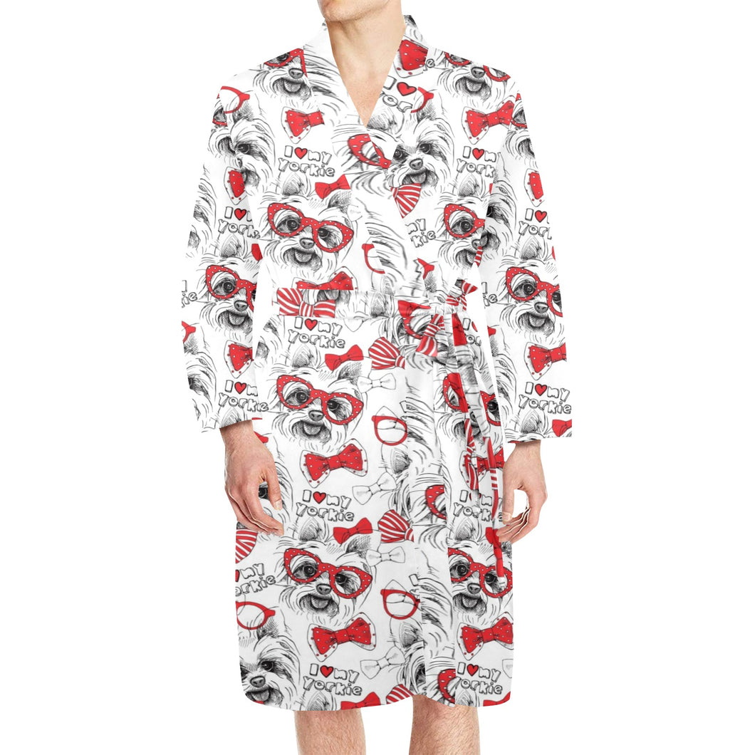 Yorkshire Terrier Pattern Print Design 04 Men's Long Sleeve Belted Night Robe