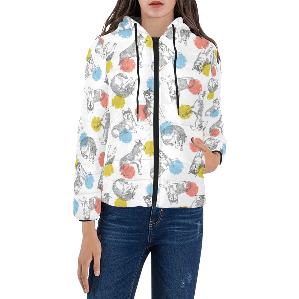 Siberian husky and colorful circle pattern Women's Padded Hooded Jacket