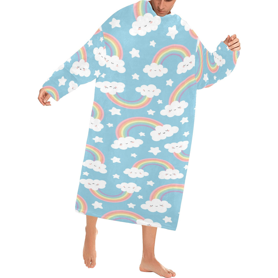 Cute rainbow clound star pattern blue background Blanket Robe with Sleeves