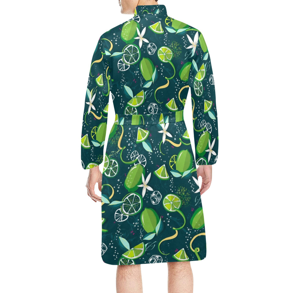 Lime ice flower pattern Men's Long Sleeve Belted Night Robe