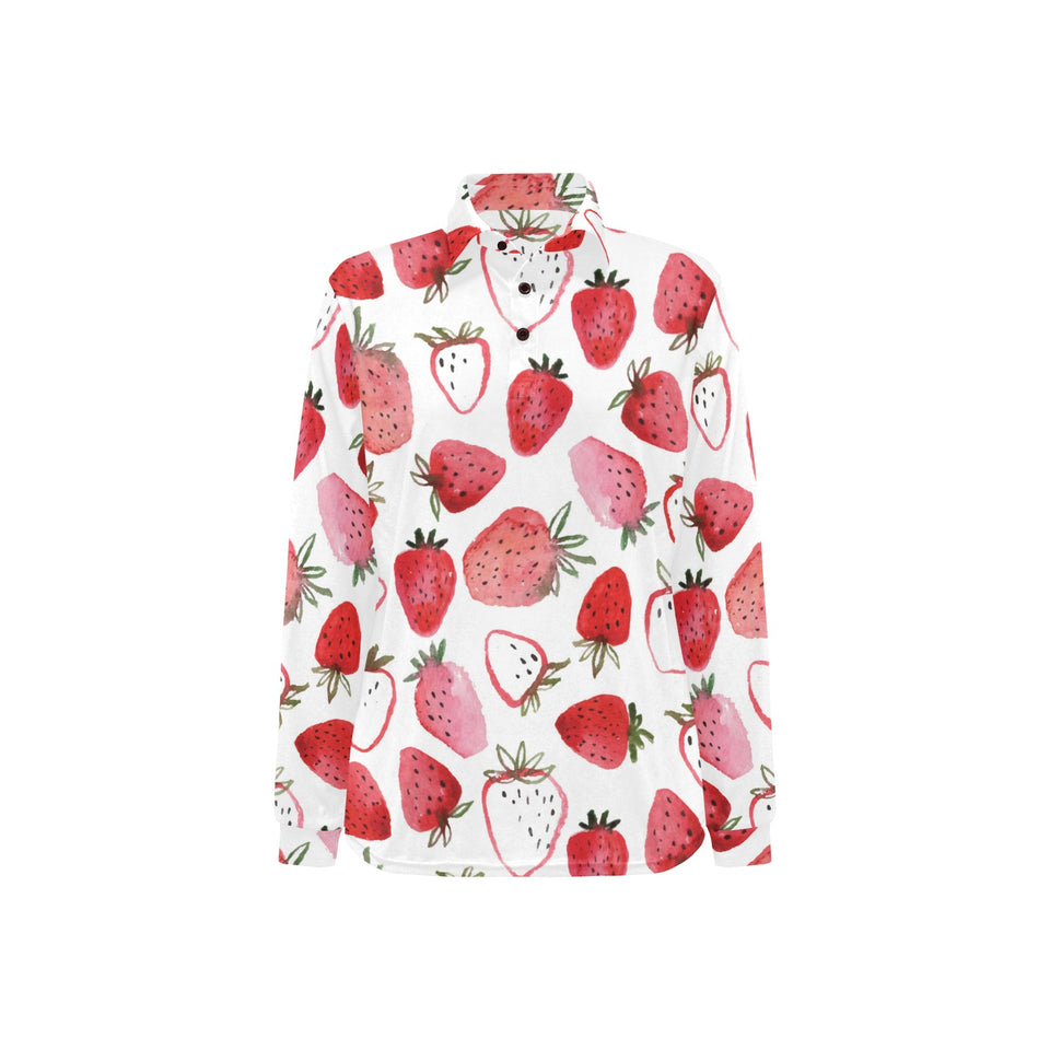 watercolor hand drawn beautiful strawberry pattern Women's Long Sleeve Polo Shirt