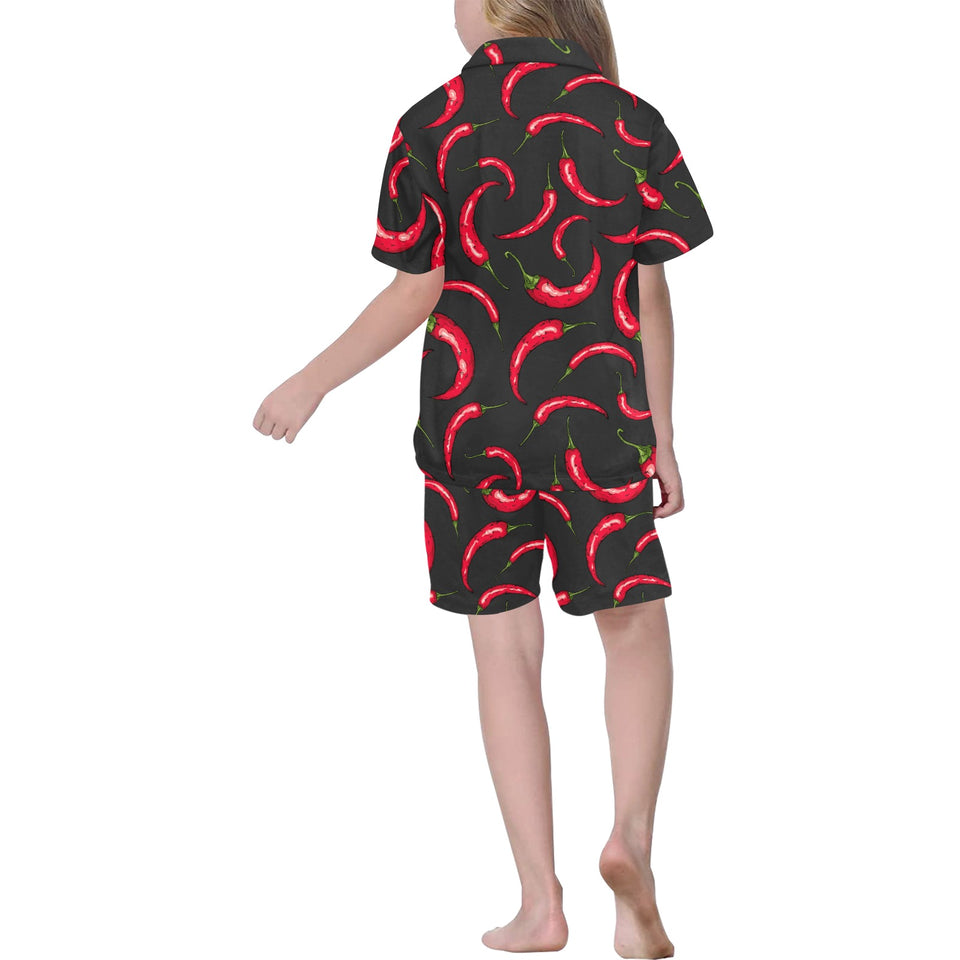 Chili peppers pattern black background Kids' Boys' Girls' V-Neck Short Pajama Set