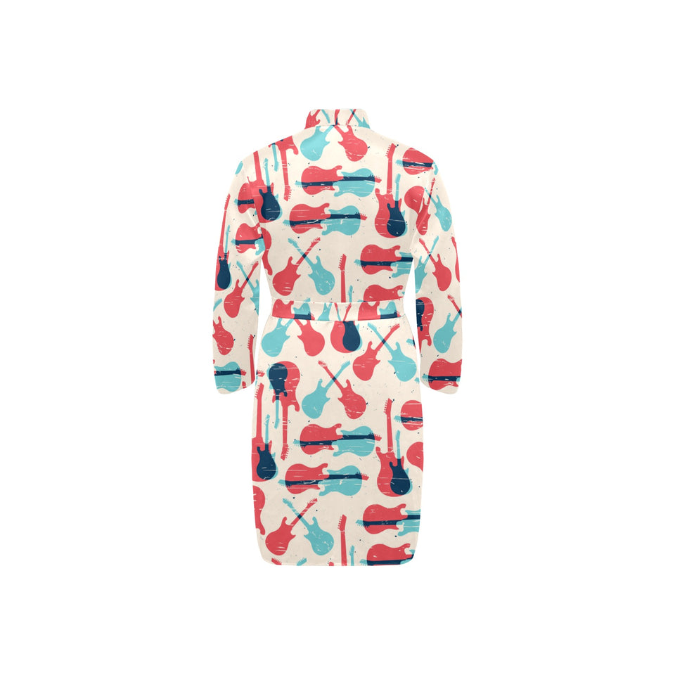 Red Blue guitar pattern Men's Long Sleeve Belted Night Robe
