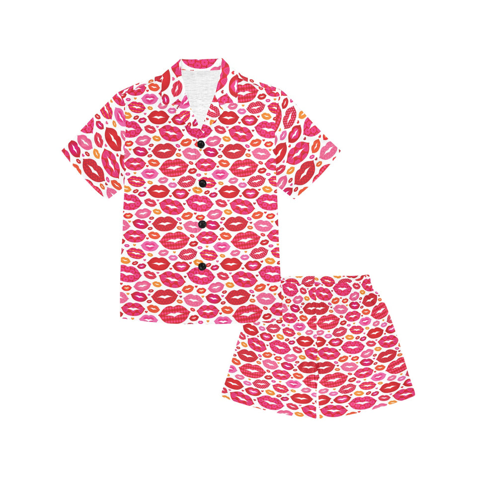 Lips Pattern Print Design 01 Kids' Boys' Girls' V-Neck Short Pajama Set