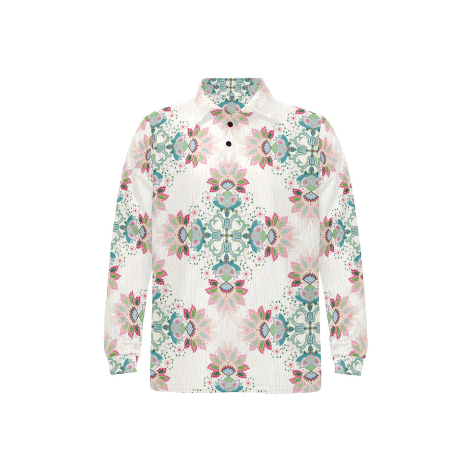 Square floral indian flower pattern Men's Long Sleeve Polo Shirt