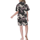 Japanese crane pink sakura pattern Kids' Boys' Girls' V-Neck Short Pajama Set