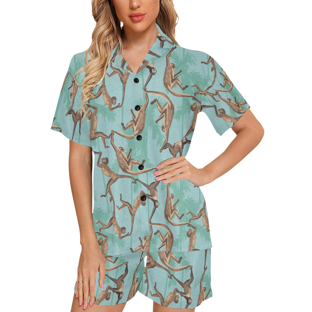 Monkey Palm tree background Women's V-Neck Short Pajama Set