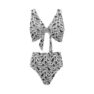 Crow dark floral pattern Chest Bowknot High Waisted Bikini Swimsuit