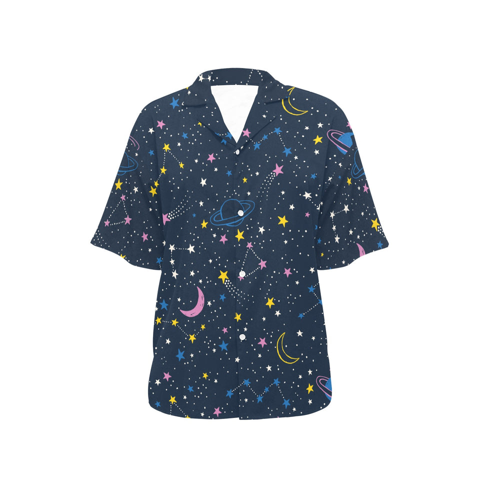 space pattern with planets, comets, constellations Women's All Over Print Hawaiian Shirt