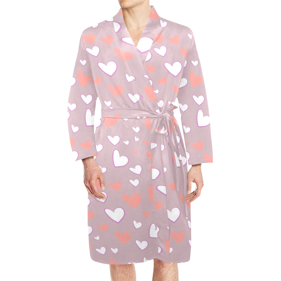 coral white heart pattern Men's Long Sleeve Belted Night Robe