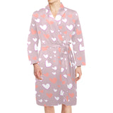 coral white heart pattern Men's Long Sleeve Belted Night Robe