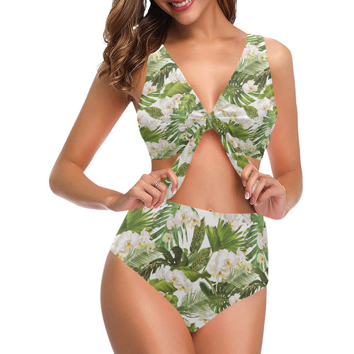 White orchid flower tropical leaves pattern Chest Bowknot High Waisted Bikini Swimsuit