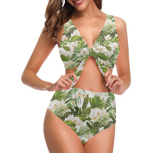 White orchid flower tropical leaves pattern Chest Bowknot High Waisted Bikini Swimsuit