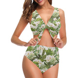 White orchid flower tropical leaves pattern Chest Bowknot High Waisted Bikini Swimsuit