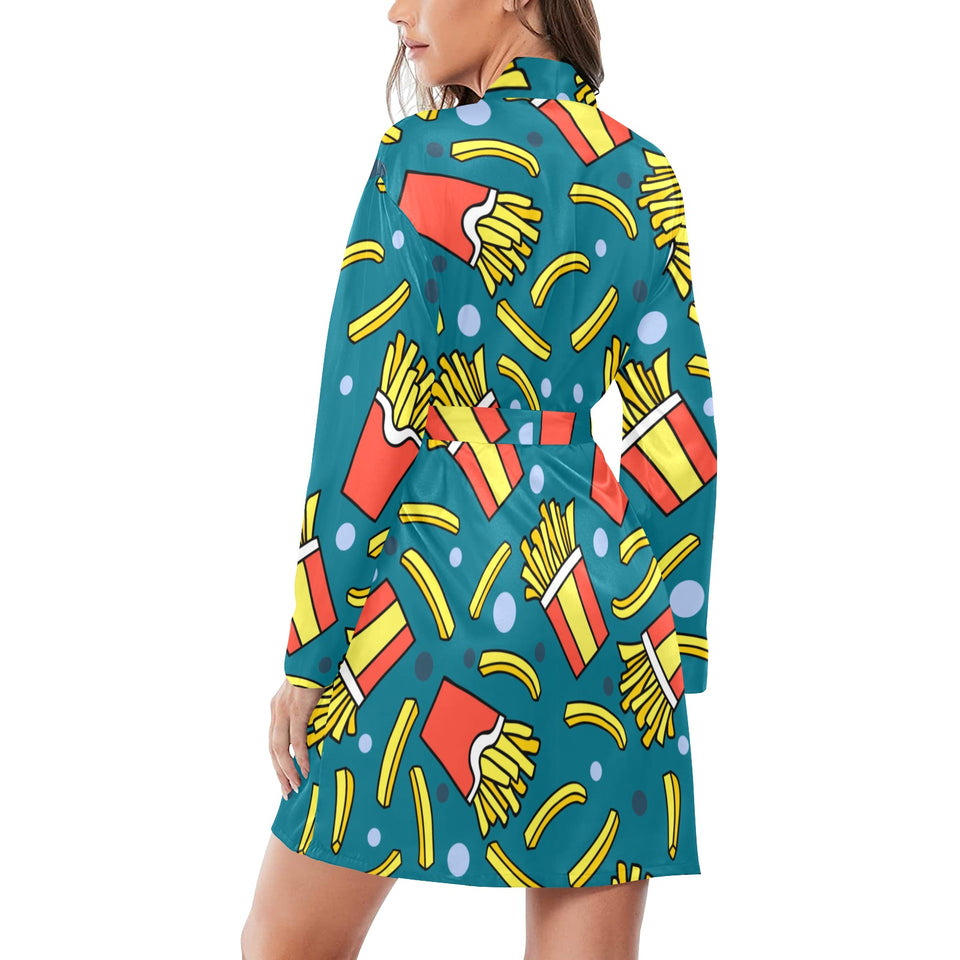 French fries red paper box pattern Women's Long Sleeve Belted Night Robe