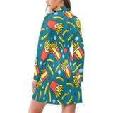 French fries red paper box pattern Women's Long Sleeve Belted Night Robe