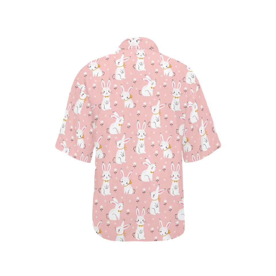 Cute white rabbit flower pink background Women's All Over Print Hawaiian Shirt