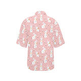 Cute white rabbit flower pink background Women's All Over Print Hawaiian Shirt