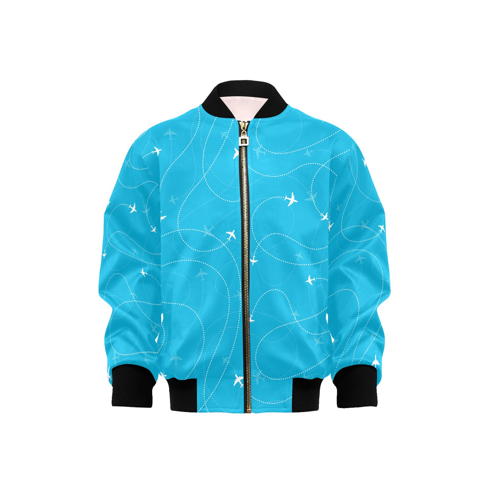 Airplane destinations blue background Kids' Boys' Girls' Bomber Jacket