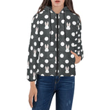 Cute white rabbit polka dots black background Women's Padded Hooded Jacket
