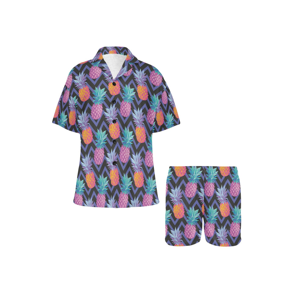 Pineapples pattern zigzag background Women's V-Neck Short Pajama Set