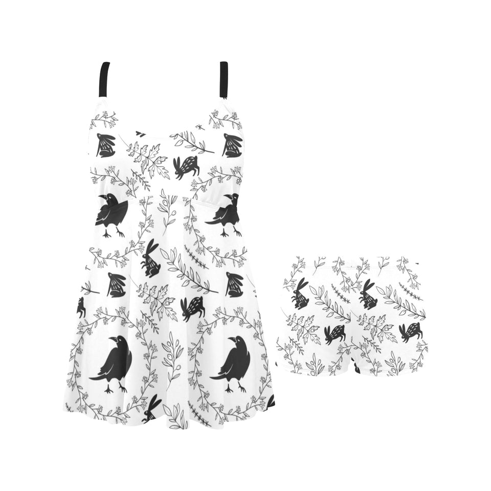 Crows floral wreath rabbit pattern Chest Sexy Pleated Two Piece Swim Dress