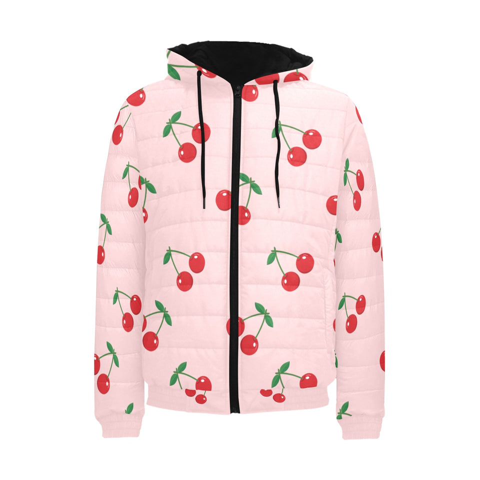 cherry pattern pink background Men's Padded Hooded Jacket