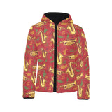 Saxophone cornet pattern red background Kids' Boys' Girls' Padded Hooded Jacket