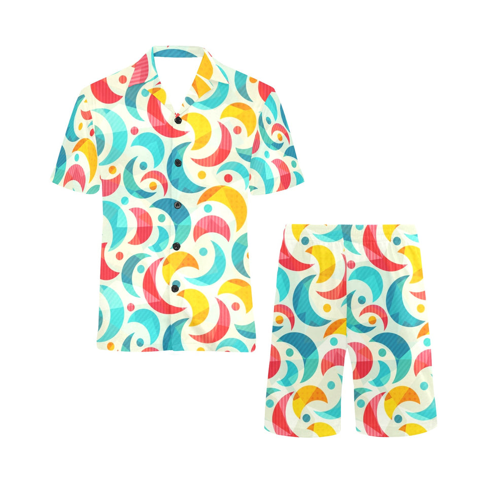 Colorful moon pattern Men's V-Neck Short Pajama Set