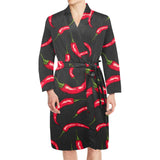 Chili peppers pattern black background Men's Long Sleeve Belted Night Robe