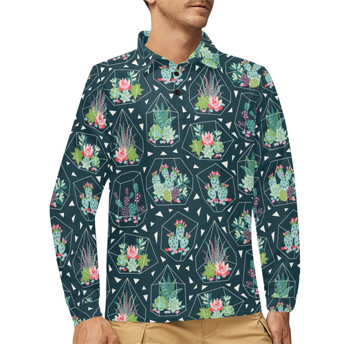 Cactus glass terrarium pattern Men's Long Sleeve Polo Shirt
