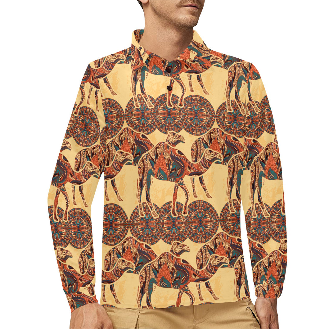 Camel polynesian tribal design pattern Men's Long Sleeve Polo Shirt