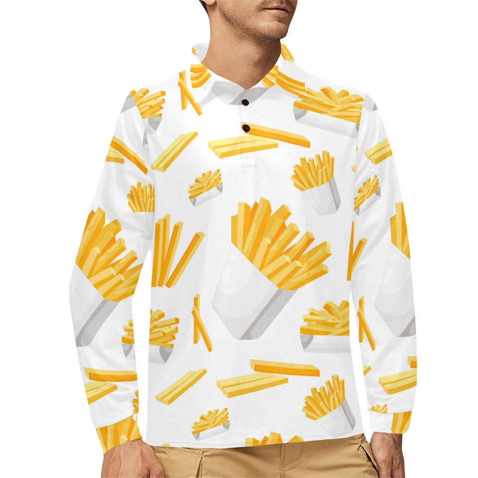 French fries white paper box pattern Men's Long Sleeve Polo Shirt