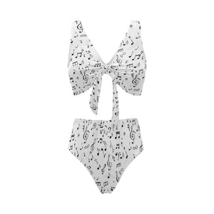 Music Notes Pattern Print Design 04 Chest Bowknot High Waisted Bikini Swimsuit