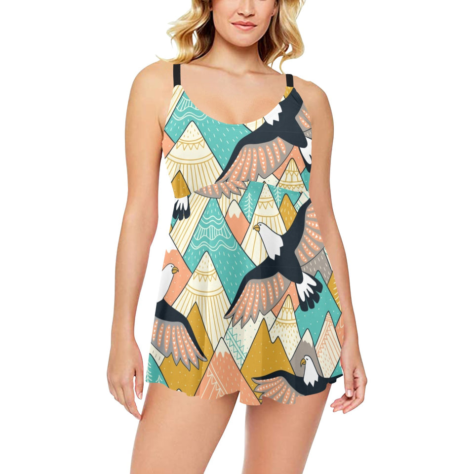 Eagle Pattern Print Design 02 Chest Sexy Pleated Two Piece Swim Dress