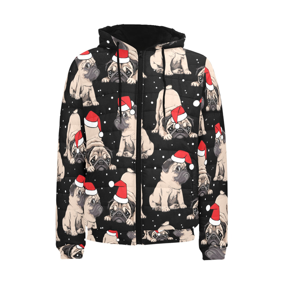 Christmas Pugs Santa_s red cap pattern Men's Padded Hooded Jacket