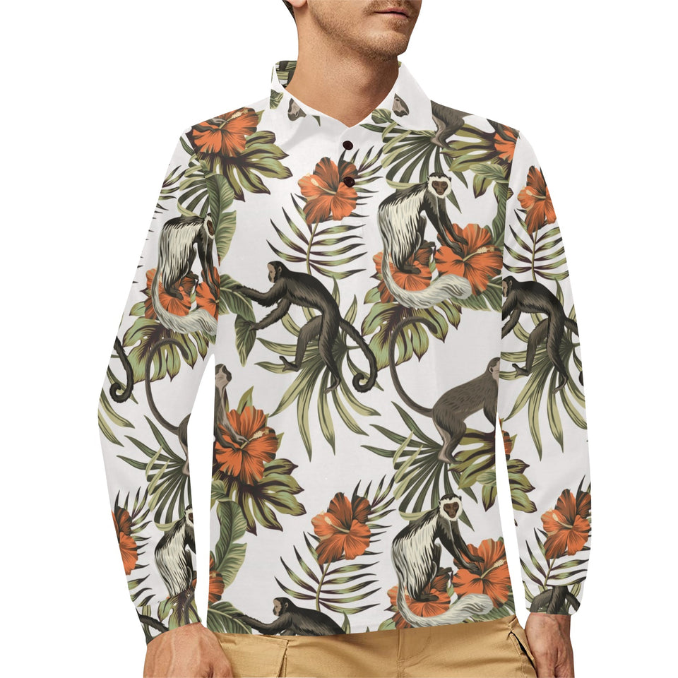 Monkey red hibiscus flower palm leaves floral patt Men's Long Sleeve Polo Shirt