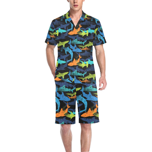 Colorful shark Men's V-Neck Short Pajama Set