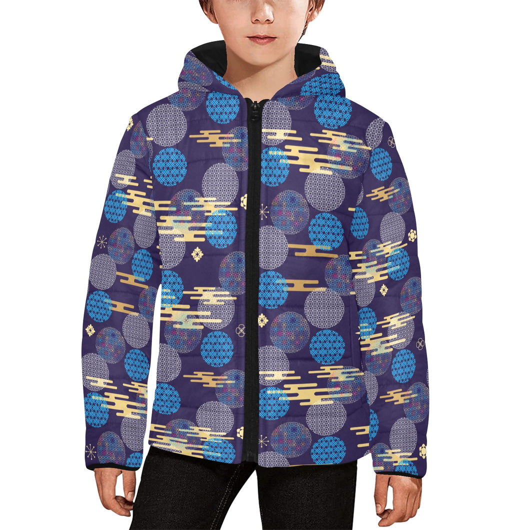 Blue japanese pattern cloud wave flower Kids' Boys' Girls' Padded Hooded Jacket