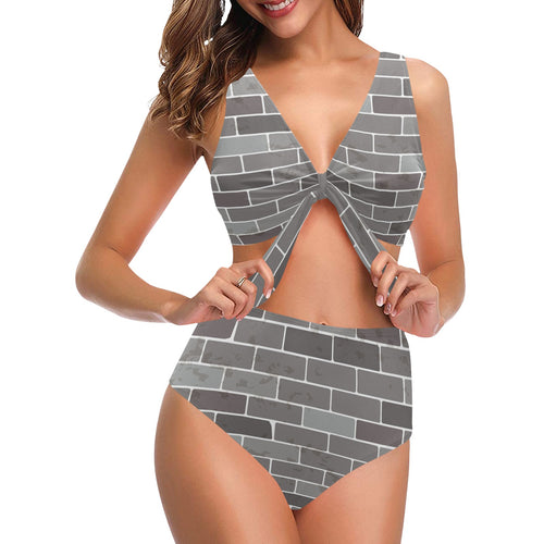 Brick Printed Pattern Print Design 05 Chest Bowknot High Waisted Bikini Swimsuit