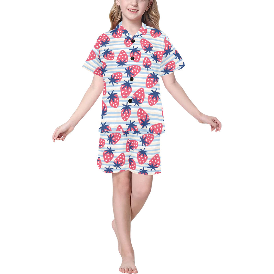 Strawberry pattern blue lines background Kids' Boys' Girls' V-Neck Short Pajama Set