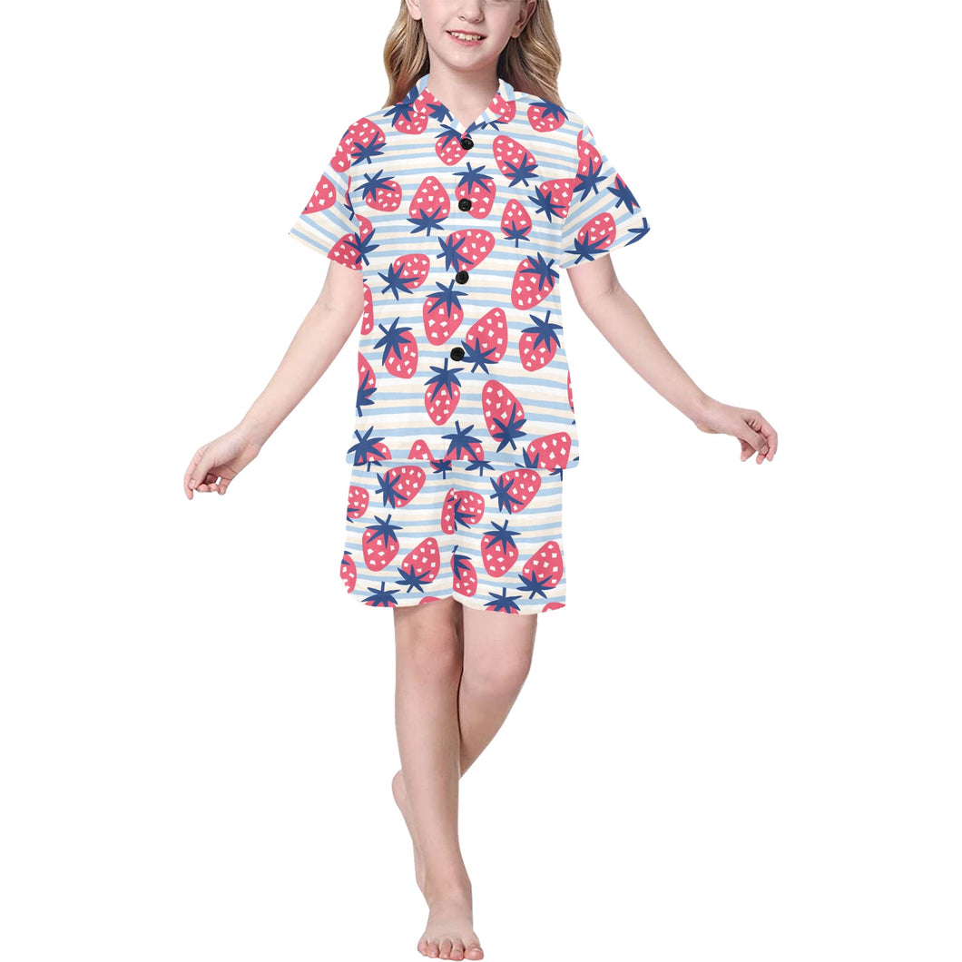 Strawberry pattern blue lines background Kids' Boys' Girls' V-Neck Short Pajama Set