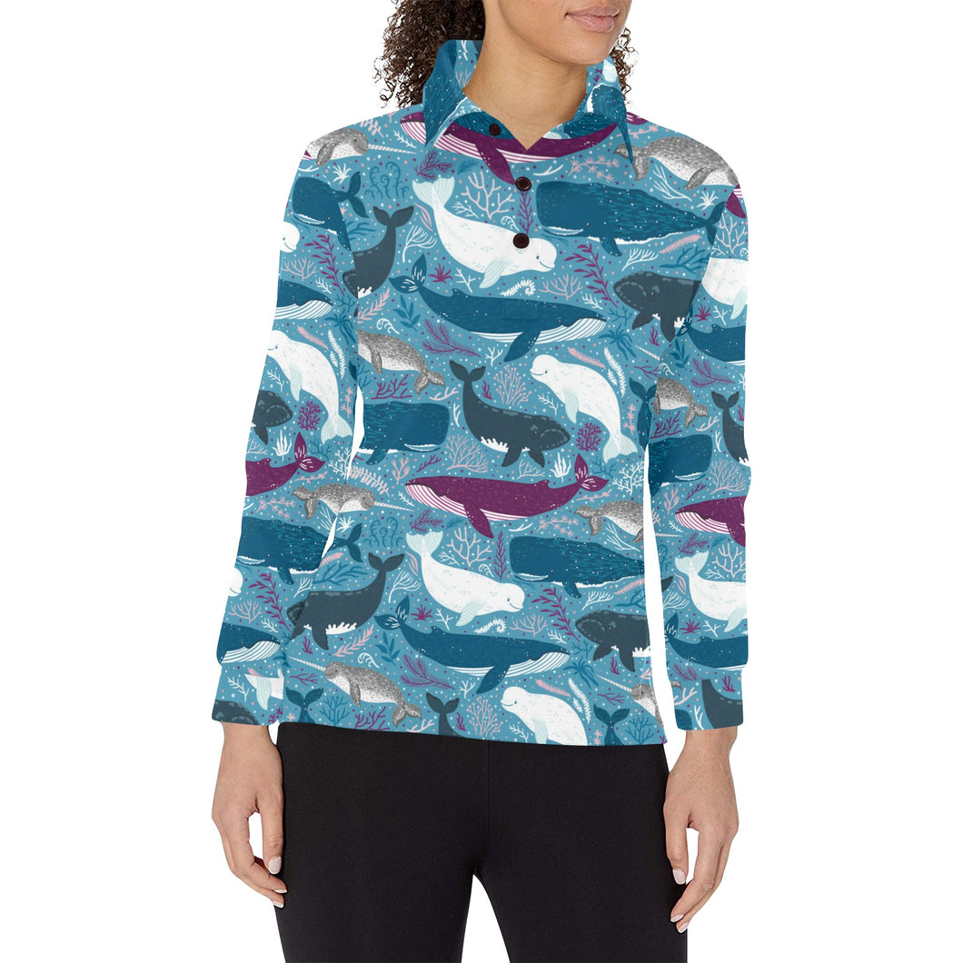 Whale design pattern Women's Long Sleeve Polo Shirt