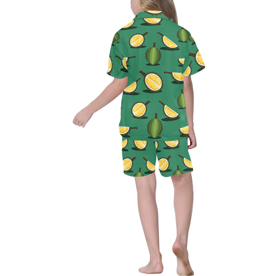 Durian pattern green background Kids' Boys' Girls' V-Neck Short Pajama Set