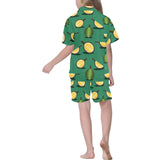 Durian pattern green background Kids' Boys' Girls' V-Neck Short Pajama Set