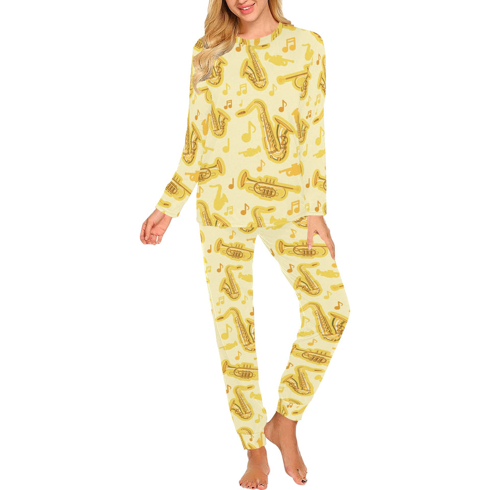 Saxophone cornet pattern yellow background Women's All Over Print Pajama Set