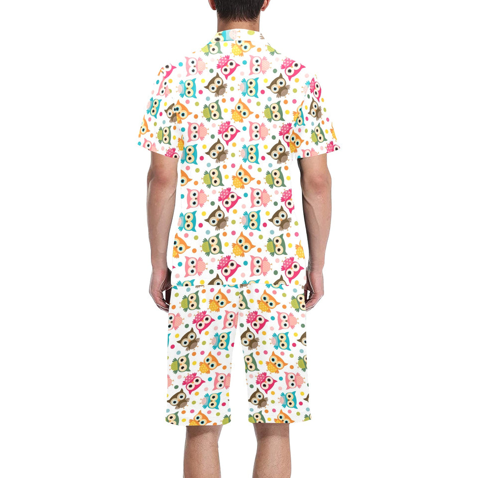 Color cute owl pattern Men's V-Neck Short Pajama Set